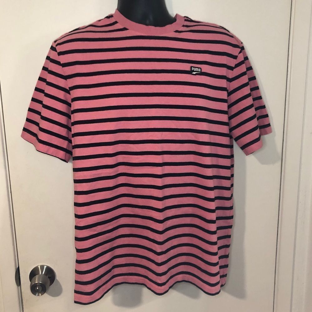 PUMA SPECIAL EDITION MENS PINK AND BLACK STRIPED FOREVER BETTER SHIRT. LIKE NEW.